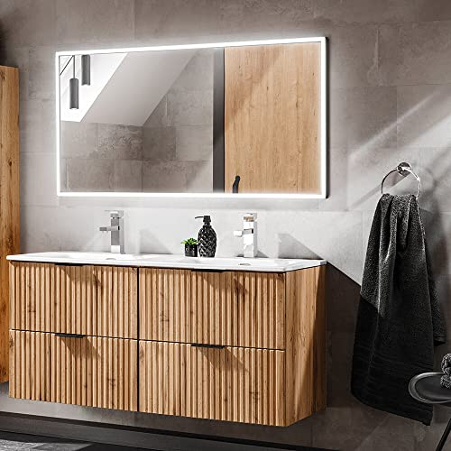 Lomadox Badezimmermöbel Set, Wotaneiche Rillenoptik, 120cm Waschtisch mit Unterschrank, Keramik Waschbecken, LED-Spiegel, B/H/T 121/200/46 cm