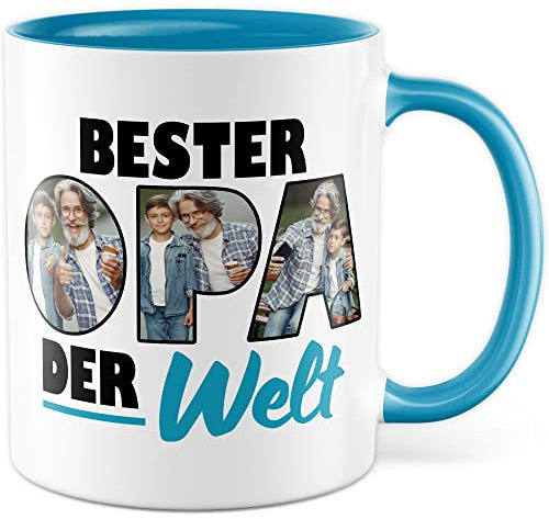 Opa Tasse personalisierbar mit Bild, Bester Opa der Welt, Geschenk personalisiert Großvater Spruch Enkelkinder schöner Spruch Geschenkidee Kaffeetasse Enkel (Weiß/Blau)