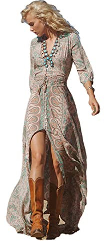 Adhdyuud Women Boho Floral Print Long Dress Summer Three Quarter Sleeve V-Neck Gypsy Vintage Hippie Dresses