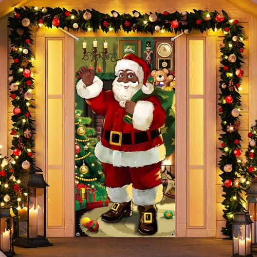 Weihnachten Tür Abdeckung Dekoration Weihnachtsmann Tür Decke Weihnachten Tür Hängen Banner Weihnachtsmann Hintergrund Banner für Feiertag Weihnachten Deko (Süßer Schwarzer Weihnachtsmann)