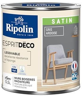 RIPOLIN - Peinture Intérieure Multi-Supports – Murs, Boiseries & Radiateurs – Ultra Couvrante – Lessivable – Application Facile – Ecolabel - Satin - 0,5L - Gris Ardoise