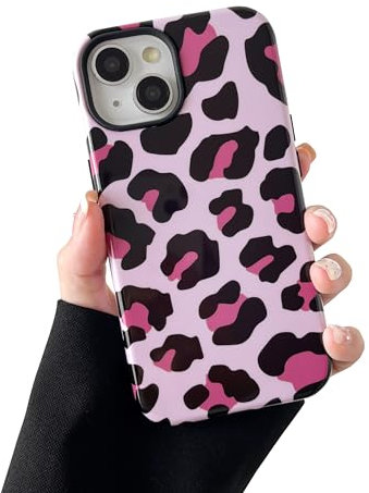 DEFBSC Case for iPhone 14 Plus/iPhone 15 Plus, Cute Pink Leopard Print Aesthetic Trendy Pattern for Women Girls Slim Durable Bumper Shockproof Hybrid Hard Back Phone Cover, Cheetah/Glossy