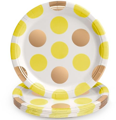 PARTY GO Partygeschirr 16 Stück, Polka Gelb Gold Pappteller Kindergeburtstag, Partygeschirr Set 18cm Pappteller, Pappgeschirr für 16 Gäste für Geburtstagsdeko Junge Mädchen Partys