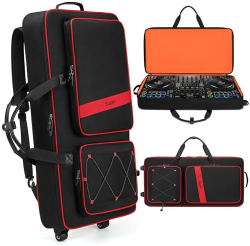 BOSSTIN DJ Controller Case with Wheels Compatible with DDJ FLX10 /1000 /FLX6 /REV7 /REV5, Rolling DJ Case for Equipment, Padded Large DJ Backpack with Multi-Pocket for 15.6 Laptop, Gear & Accessories