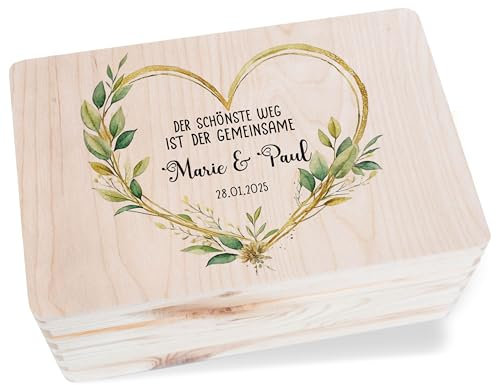 Holzkiste Erinnerungsbox - Holzbox Der schönste Weg ist der gemeinsame mit Name Datum I Persönliche Geschenke zur Hochzeit I Hochzeitsgeschenk Brautpaar Geschenkbox - 30 x 20 x 14 - Holz