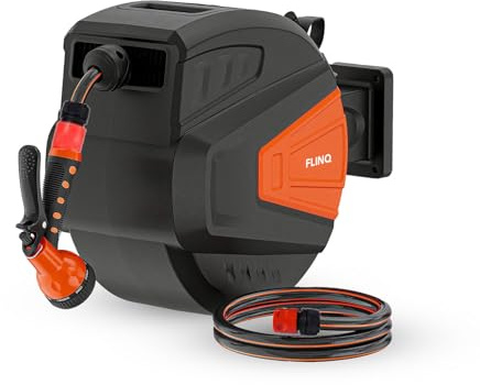 FlinQ 10m Schlauchtrommel Wandmontage - Orange | Gartenschlauch Trommel Automatik 180° Schwenkbar - Schlauchaufroller Wasser mit 9 Funktionen Sprühkopf