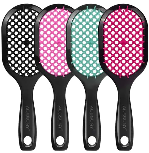Aussumy 4 Pack Vented Detangling Hair Brush - Detangler Hairbrush with Soft Bristles for Effortless Tangle Free - Ideal for Wet Dry or Curly Damaged Hair for Women Men Kids