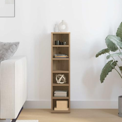 Mokuyary CD-hylla artisan-ek 21 x 20 x 88 cm trämaterial, hyllförvaring med 6 fack för CD-skivor, DVD-skivor, monter mediaförvaringsskåp bokhylla