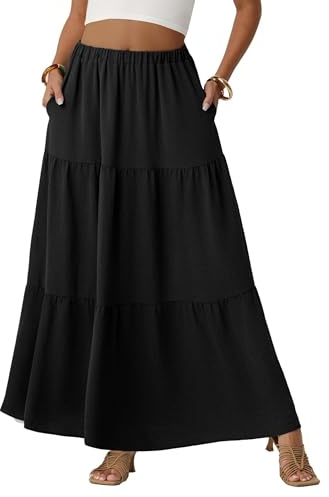QIXING Womens Boho Maxi Skirts Flowy Elastic High Waisted A-Line Casual Long Skirts with Pockets Beach Holiday