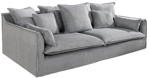 3-Sitzer Sofa HEAVEN - 200cm - hellgrau - Cord - Federkern Hussensofa | 9 Kissen inklusive, abnehmbarer Bezug, waschbar bei 30°C, Nosagfederung, Landhausstil, pflegeleicht, belastbar bis 110 kg