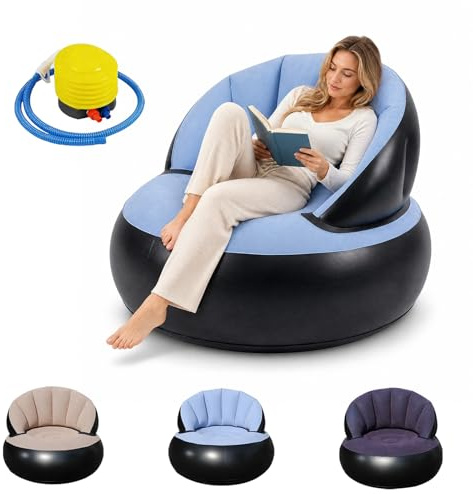 Yunlaishaocer Canapé Gonflable avec Surface Floquée, Étanche Pouf Gonflable avec Pompe, Fauteuil Gonflable Exterieur et Intérieur pour Camping, Voyages, Piscine(Bleu Clair)