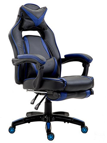 Cherry Tree Furniture CTF High Back Recliner Racing Style Gaming Swivel Chair with Footrest & Adjustable Lumbar & Head Cushion (Black & Blue)