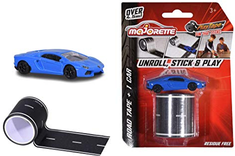 Majorette Playtape inkl. 1 Die-Cast Fahrzeug mit Freilauf und Federung, selbstklebendes Straßenband, 4,5 m lang, 5 cm breit, Road Tape, 3 versch. Autos, Lieferung 1 Stück, zufällige Auswahl am Lager