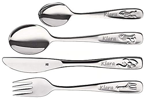 WMF Kinderbesteck Set Tiere 4- TLG mit Wunsch Gravur Besteck Set WMF mit Namen graviert Geschenk zur Geburt Taufe Geburtstag