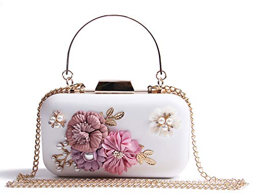 EVEOUT Sac à main de mariage en cuir avec fleur et perles pour femme, Blanc (avec Poignée, Doublure en Coton), Taille unique, One size