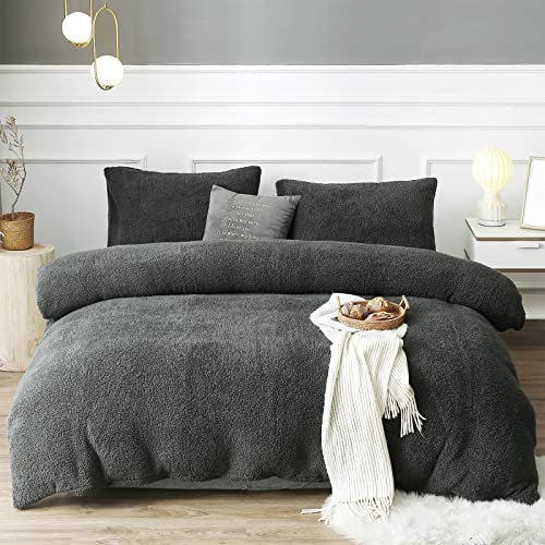 EDS Teddy-Fleece-Bettwäsche-Set, warm und superweich, kuschelig, flauschig, mit passendem Kissenbezug, Betten, Holzkohle, Double (200 x 200cm)