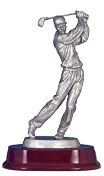 Henecka ⛳️ Golf-Pokal, Herren Resin-Figur Golf Spieler beim Abschlag, Golf Trophäe, Silber & Sockel DKL.-rot, mit Wunschgravur