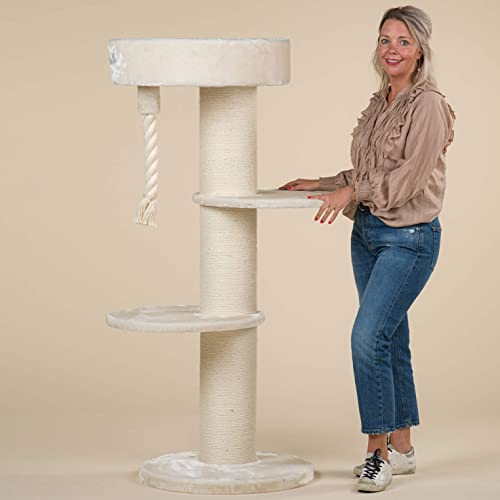 RHRQuality Kratzbaum für große Katzen – Maine Coon Sleeper – 150 cm hoch – mit extra dicken 20 cm Sisalstämmen – Creme