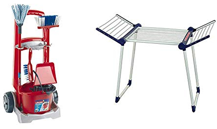 Theo Klein Vileda Besenwagen I Mit Wischmop, Eimer, Besen und vielem mehr I 29 cm x 24 cm x 60 cm & Leifheit Trockenständer I Für frischgewaschene Puppen-und Kuscheltierkleider 27 cm x 63 cm x 50 cm