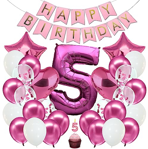 envami® Geburtstagsdeko Mädchen Pink Zahl 5. Happy Birthday Deko Geburtstag Mädchen Folienballon 5 Luftballon 5. Geburtstag Kindergeburtstag Deko 5.