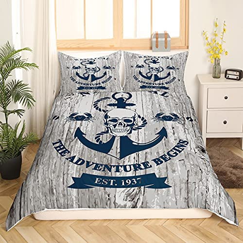 Homemissing Holzmaserung Anker Bettwäsche 155x220cm Jugendliche Männer Segelabenteuer Thema Vintage-Anker Bettwäscheset Skelett Graue Holzmaserung Dekor Bettbezug Set Grau Blau für Jungen Kinder