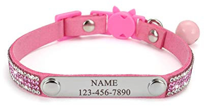 Mogokoyo Personalisiert Katzenhalsband mit Glöckchen Reflektierend Katzenhalsband Namen Telefonnummer Sicherheitsverschluss Verstellbar Kristall Katze Kitten Samtstoff 21-25cm