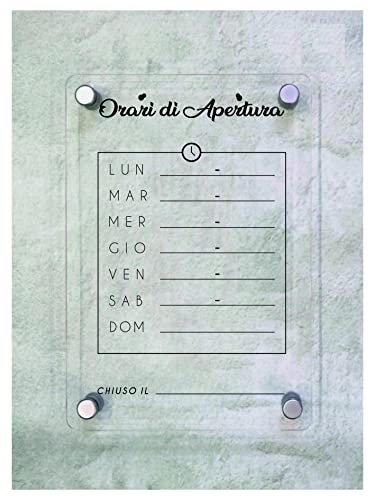 CARTELLO IN PLEXIGLASS SEGNALETICO - Orari di Apertura PERSONALIZZATI - Con Distanziali in acciaio inox e Stampa U.V. (15x21 cm)