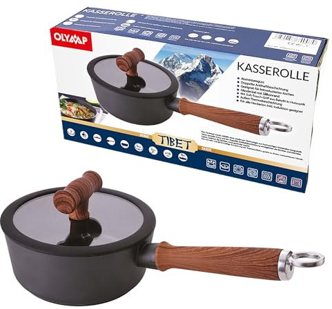Hochwertige Kasserolle mit Deckel und Stiel, ⌀18 cm, Schwarz - Antihaftbeschichtet und Induktionsgeeignet. Topf ca.1,8 Liter Fassungsvolumen. Aluguss mit Glasdeckel und Griffe aus Bakelit.
