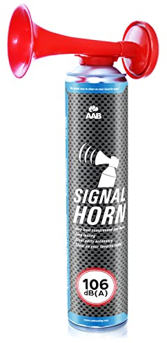 AAB Signal Horn – Laut Drucklufthorn 106 dB(A), Fussball Fanartikel Mit Nicht Brennbarem Gas, Bis Zu 320 Kurze Pieptöne, Fanfare, Gaströte, Stadion Signalhorn, Drucklufthupe, Pressluft Tröte