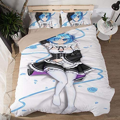 Re:life In A Different World From Zero-Rem/Ram Anime Bettwäsche-Sets Cartoon 3D-gedrucktes Polyestergewebe 1 Bettbezug + 2 Kissenbezüge (keine Bettdecke)