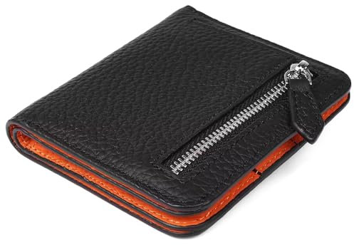 GADIEMKENSD Small Wallet Bifold Credit Card Holder Genuine Leather Coin Purse RFID Blocking Mini Compact Pocket Wallet with Zipper Ultra Slim Minimalist Black/Orange