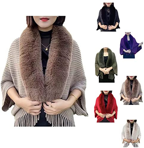 Knitting Thick Women's Loose Shawl with Fur,Faux Fur Shawl Wrap for Women,Open Front Fur Collar Tassel Cloak Shawl,Soft Warm Winter Shrugs and Wraps for Evening Dresses. (Coffee)