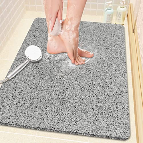 Luffa-Duschmatte aus PVC, rutschfest, 61 x 40,6 cm, weiche Wannenmatte mit Abfluss, für Badewanne und Badezimmer, schnell trocknend, Grau