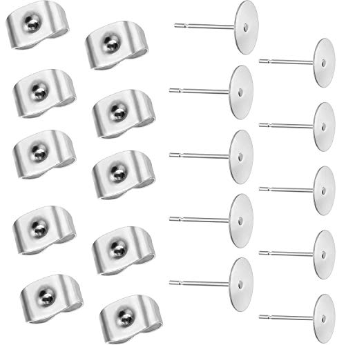 100 Paar / 200 pcs Ohrstecker Rohlinge Edelstahl (2 Größe) mit 200 pcs Ohrring Stopper Verschluss I Ohrringe Basteln DIY Schmuckherstellung, Ohrring Herstellung zum Basteln für Damen Herren(Silber)