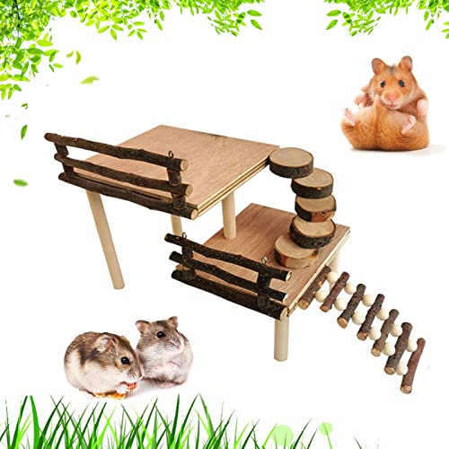 RoseFlower Wooden Hamster Platform, Hamster Playground Climbing Toy, Small Animals Pets Exercise Activity Set, Natural Living Climb System with Ladder Bridge