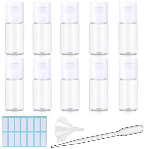 SKYPRO Lot de 10 flacons de Voyage vides en Plastique Transparent avec Bouchon à Rabat, conteneurs Portables Rechargeables avec Pipette, Entonnoir et étiquettes, pour shampooing, cosmétiques