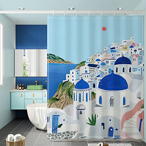 TORYVERESS Italien Malerei Duschvorhang, Polyester Blau Badezimmer Vorhänge mit Haken Morandi Stil Bunte Dekorative Luxus Duschvorhänge, Wasserdichte Stoff Vorhänge für Bad Santorini 60''x72''