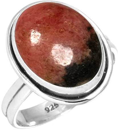 Jeweloporium Real Rosa Rhodonit in schwarzem Mangan 925 Silber Ringe für Damen mit Stein Handgefertigt Silber Ringe Größe 68(21.6) Jubiläum - Geschenk Cocktail Schmuck