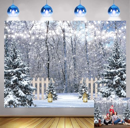 Winter Scene Backdrop Snow Wonderland Pine Tree Forest Photography Background Christmas New Year Holiday Party Decoration Portrait Studio Booth Photobooth Props (10X8FT：300x240cm)