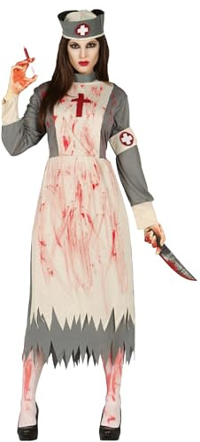 Chaks Zombie Krankenschwester Damen Kostüm Bloody Nurse | Grau Weiß Blutige Retro-Verkleidung für Halloween & Horror-Partys, Schürze & Haube für gruselige Auftritte