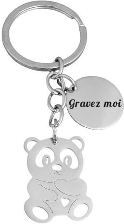 Porte-clés Ourson Petit Coeur Argenté Gravure Personnalisée Sur Médaille