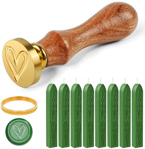 Furuising 8 Stück Siegelwachs Grün, Retro Siegelwachs Set, Siegellack mit Dochten, Wachssiegel Stempel Set mit 1 Herz Siegelstempel, 1 Formen für Hochzeit Einladungen, Karten, Umschläge, Geschenk