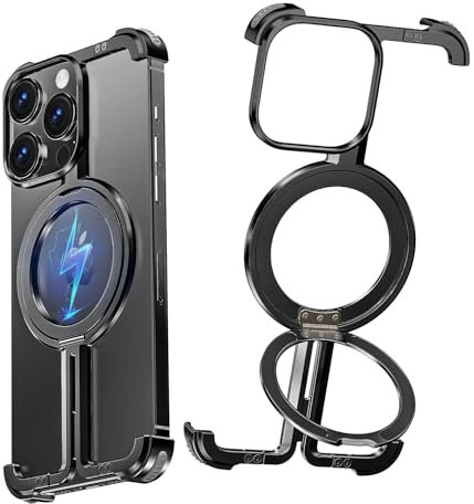 NIFBANG for iPhone Frameless Case with Magsafe, Magnetic Shockproof [Aerospace Grade Protection] Anti-Scratch Anti-Fingerprint Aluminum Shells with Built-in Kickstand (Black, 15 pro max)