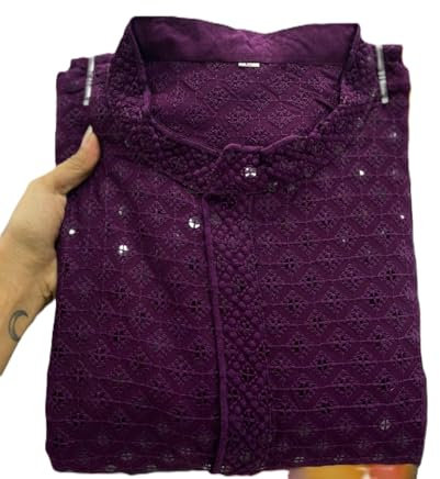 Estationeryhouse Straight fit Men's Kurta Pajama in Cotton (Rayon) Heavy Embroidery work Front and Back (Comes with white pajama) (Violet, L)