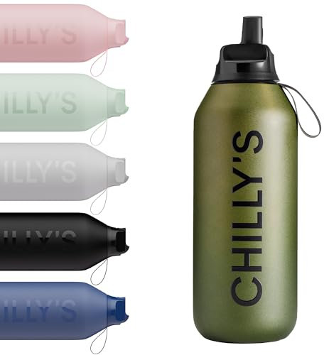 Chilly's Series 2 Flip Water Bottle with Sports Flip Lid, Telescopic Straw and Nylon Carry Loop - Easy Flip Lid, Straw Cleaning Brush Included - 500ml - Ombre, Moss
