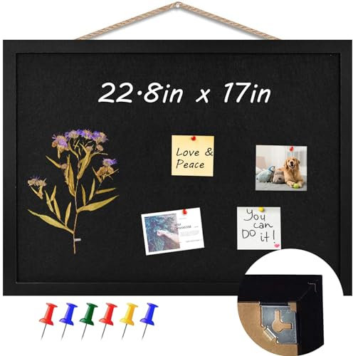 Korktafel Pinnwand mit Filz-Pinnwand, Holzrahmen, Anzeigetafeln für Sammlung, Schmuck, Notizen, Memos, Fotos, Zuhause, Küche, Büro, Wand, schwarze Pinnwand, 57,9 x 43,2 cm