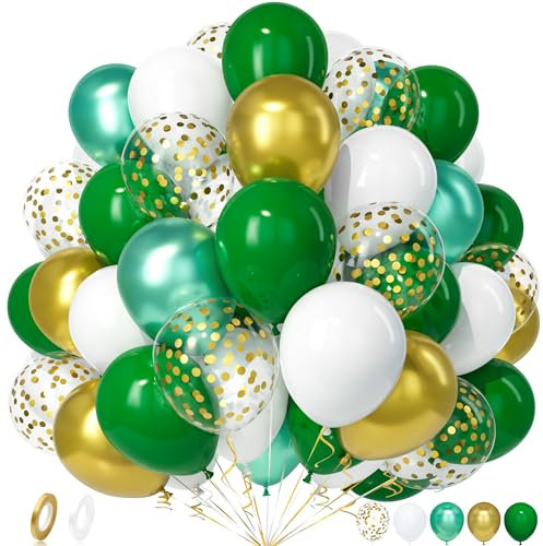 Unisun Luftballons Grün Gold, 50 Stück Latex Ballons Dunkelgrün Weiss Metallic Grün Gold Konfetti Luftballon Männer Frauen Geburtstag Jubiläum Hochzeit Verlobung Abschluss Dschungel Safari Party Deko