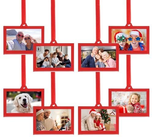 UNIQOOO 8 Pcs Christmas Acrylic Red Photo Frame Ornaments for Display Picture, 3 x 2 inch Festive Hanging Decoration, Double-Sided Picture Frames for Holiday Season, Home, Party, Xmas Tree Decorations