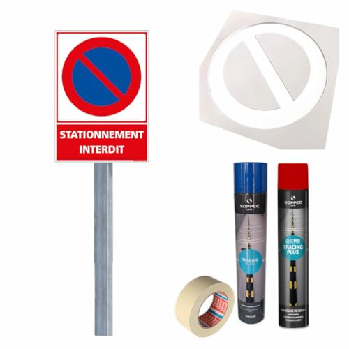 Kit Panneau et Pochoir Stationnement Interdit Rectangle. Kit Signalisation Panneau Pochoir. Marquage au sol. Panneau Stationnement Interdit Rectangle. Poteau Galvanisé + Peinture.