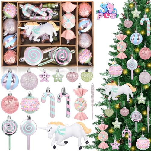 JEDWKFA 32 Stück Weihnachtskugeln, Christbaumschmuck, Weihnachtskugeln Plastik + Einhorn + Magische Krücke + Lutscher, Weihnachtsbaum Deko, Christmas Decorations mit Hängeschleife, Mehrfarbig